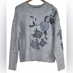 Women’s Floral Gray Wool Embroidered Sweater Long Sleeve w/ Zipper Back Medium